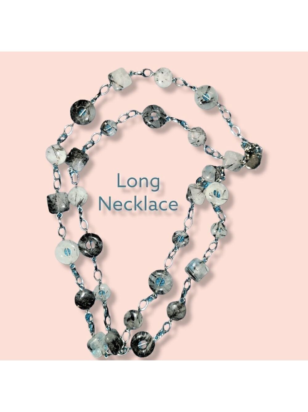 Handmade Long Necklace Black White Stone Live Charm #N50